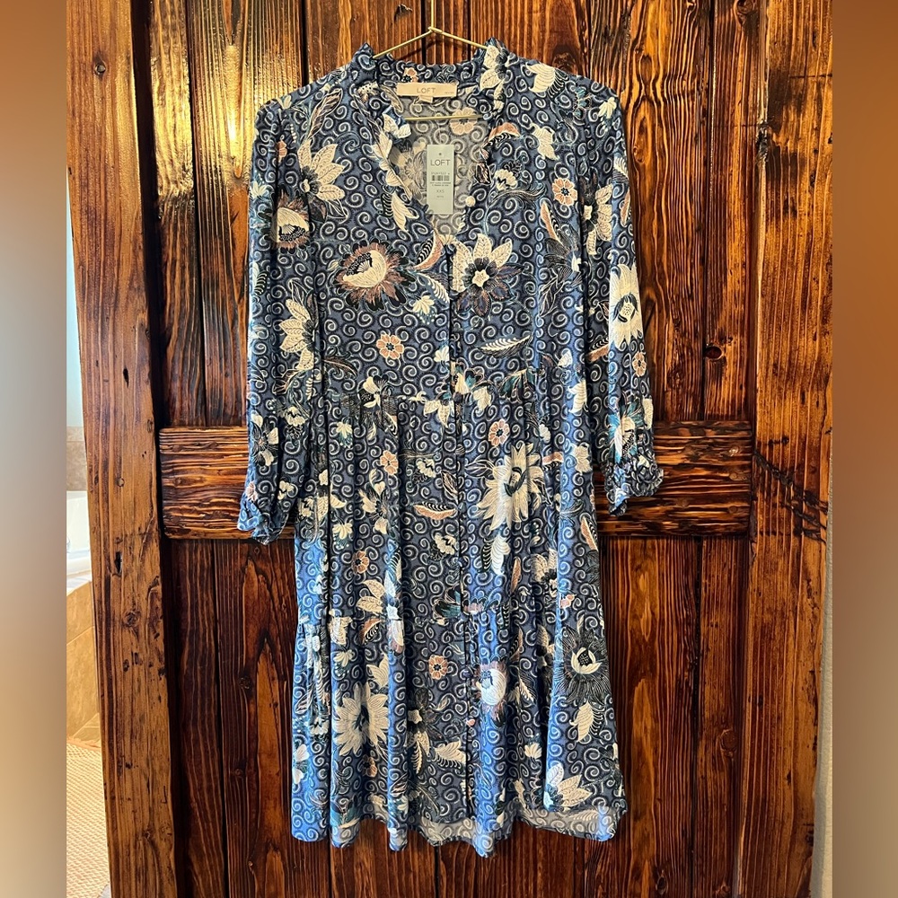 LOFT Navy Floral Long Sleeve Dress